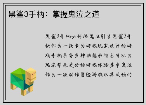 黑鲨3手柄：掌握鬼泣之道